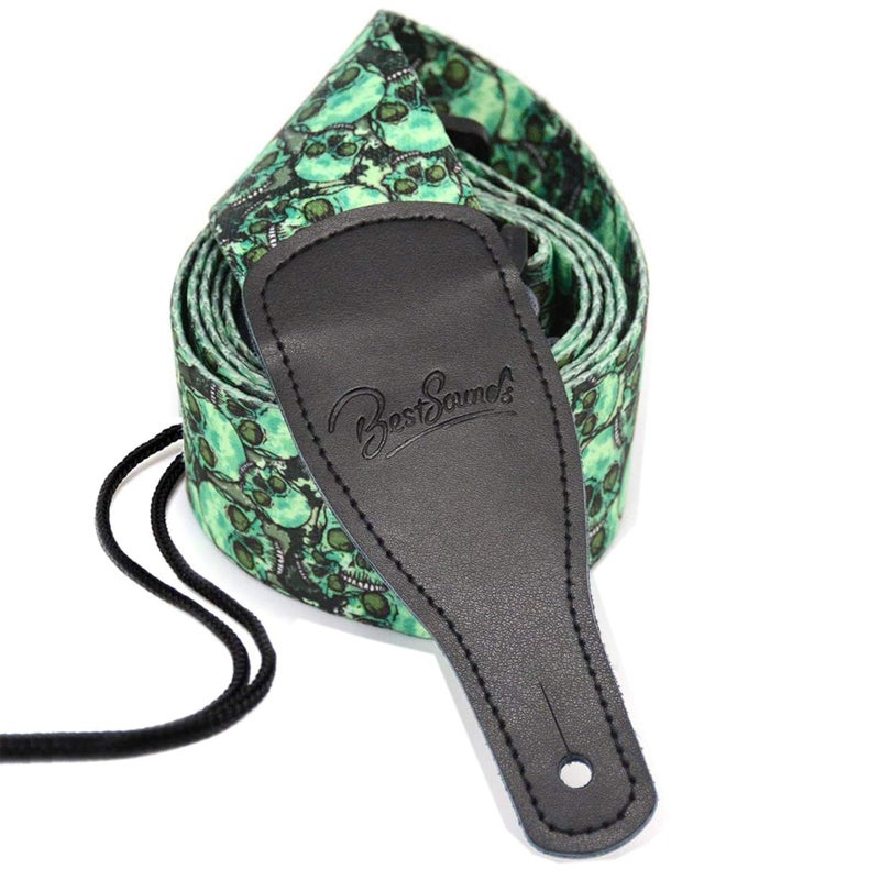 BestSounds Skull Guitar Strap & Genuine Leather Ends Guitar Shoulder Strap,Suitable For Bass, Electric & Acoustic Guitars (Skull Green) - Image 1